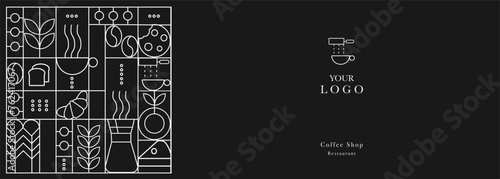 Web banner. Hand drawn illustration of Bakery and Coffee. Icons. Bread, bakery products,  dish, food processor, wheat. Abstract geometric line background. Gold luxury