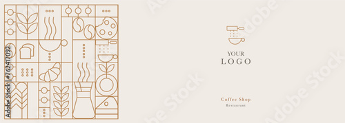Web banner. Hand drawn illustration of Bakery and Coffee. Icons. Bread, bakery products,  dish, food processor, wheat. Abstract geometric line background. Gold luxury