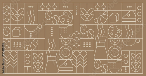 Hand drawn illustration of Bakery and Coffee. Icons. Abstract geometric line background. Gold luxury. Pattern for cover design, food package, menu, background, café wall, coffee shop, web banner