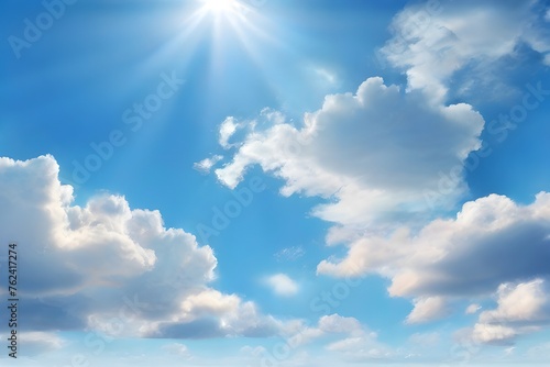 Blue panoramic sky with clouds and sunray. High resolution photo. Summer blue sky cloud gradient light white background. Beauty clear cloudy in sunshine calm bright winter air background. Generative A © Jaon