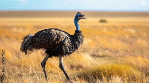An ostrich confidently striding through a dry grass field in a natural habitat, showcasing its distinctive long neck and legs.