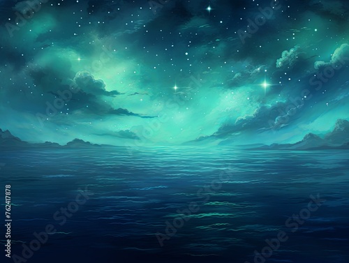 A black sky mint background light water and stars