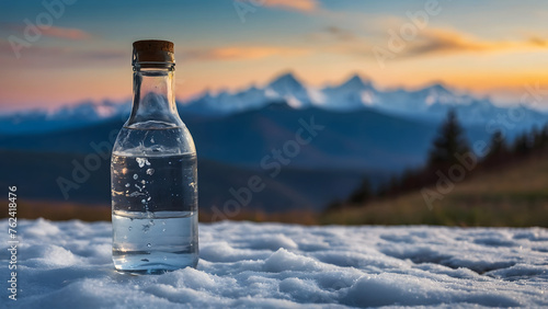 Bottle of crystal water against blurred nature snow mountain landscape background. Organic pure natural water. Healthy refreshing alkaline.