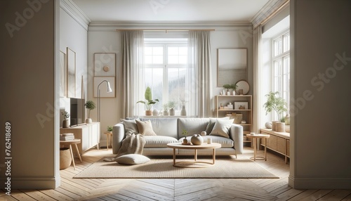 Scandinavian style living room interior with no people, designed with an emphasis on light and space. The interior combines a sleek, modern aesthetic with simplicity.