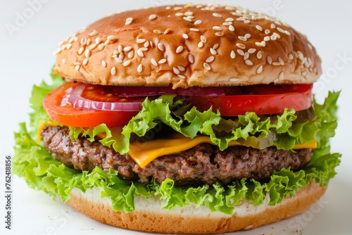 BEEF BURGER made of lettuce, tomato, onion, cheese, white background