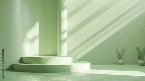 Cylinder podiums on green background. Abstract pedestal scene with geometrical. Scene to show cosmetic products presentation