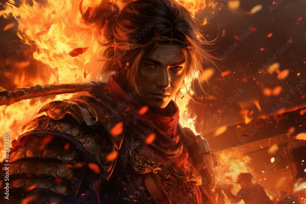 Vibrant Samurai fire closeup. Flame hot warrior. Generate Ai