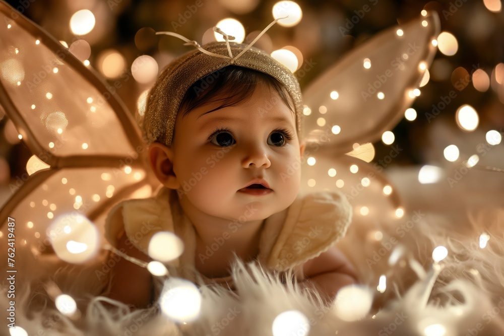 Adorable little child dressed as a fairy surrounded by twinkling lights