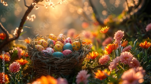 Glowing Sunrise Behind a Basket of Decorated Easter Eggs Amidst Spring Flowers