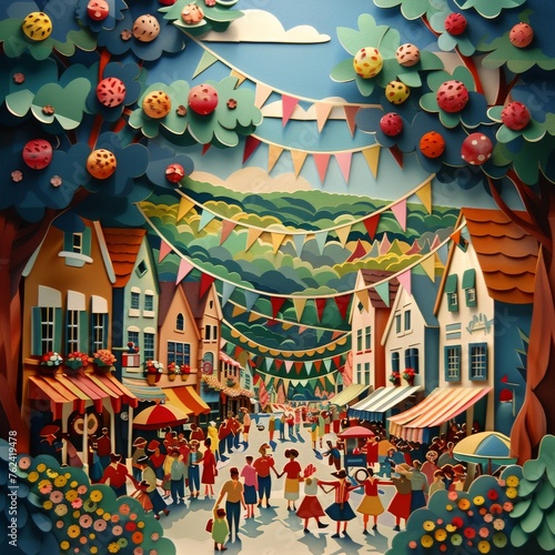 Bright vibrant paper cut of a bustling summer street fair