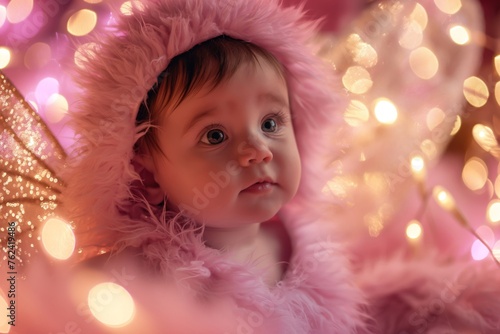 Adorable baby girl wrapped in a pink fluffy hood against a backdrop of warm bokeh lights