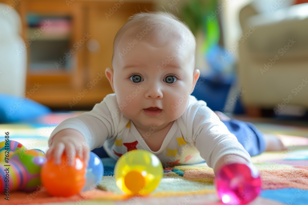 Adorable Caucasian baby boy's joyful playtime with colorful balls and toys on the bright. Colorful nursery carpet. Adorable Caucasian baby boy's joyful playtime with colorful balls and toys on the bright. Colorful nursery carpet.