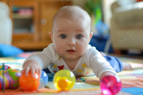 Adorable Caucasian baby boy's joyful playtime with colorful balls and toys on the bright. Colorful nursery carpet.