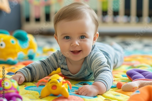 Joyful infant lies on a vibrant play mat with toys around, showcasing early development and happiness