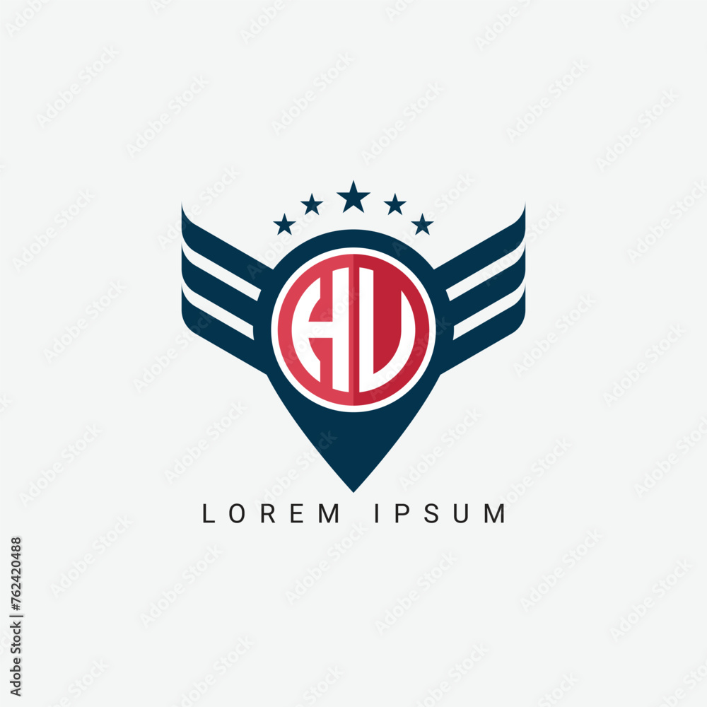 Alphabet letter HV, VH logo location shape concept with wings ornament silhouette Alphabet letter HV, VH logo location shape concept with wings ornament silhouette