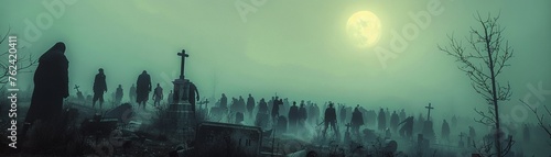 Zombie horde wandering through a fogcovered graveyard, ethereal moon casting shadows, wide angle, chilling atmosphere