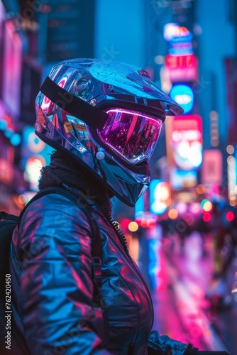 Cyclist wearing a shimmering silver helmet, neon city at dusk