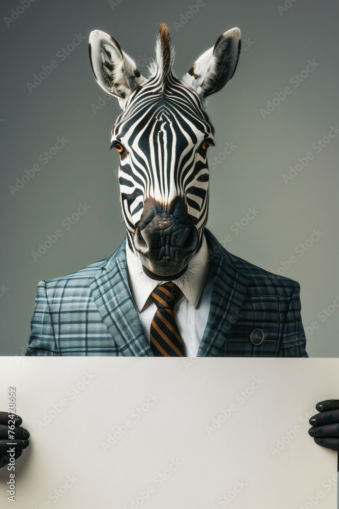 Portrait of an animalisitc zebra wearing a plaid business suit and tie holding a white empty advertisement sign with room for text or copy space Portrait of an animalisitc zebra wearing a plaid business suit and tie holding a white empty advertisement sign with room for text or copy space