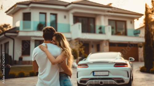 Man and woman hugged, couple hugging each other, standing in front of the big luxury house and expensive shiny white sports car parked on the driveway. Wealthy and rich family villa apartment, success © Nemanja