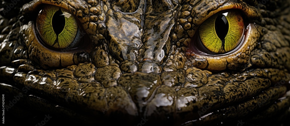 A detailed art piece capturing the eyelashes, whiskers, and intense gaze of a crocodiles eyes on a dark background, reflecting the darkness of its terrestrial habitat