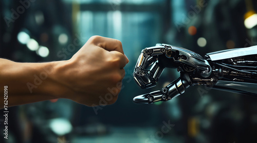 Human vs robot fists, face to face competition concept. Man against the AI artificial intelligence cyborg machine technology war for the future of the humanity, employee replace. Business rivalry photo