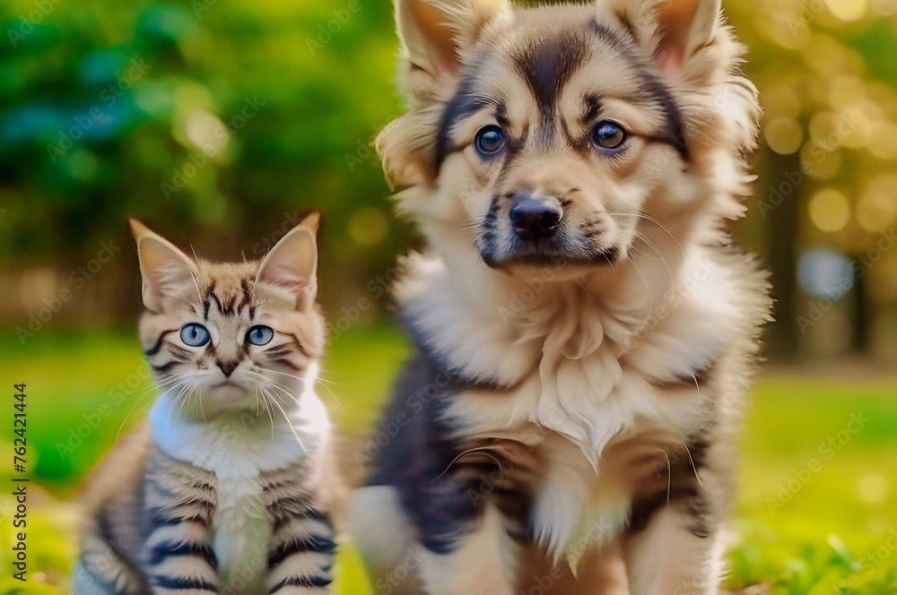 A small puppy and a kitten are sitting on the green grass and looking at the camera.. A small puppy and a kitten are sitting on the green grass and looking at the camera..