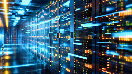 Information traveling through the data center storage in blue and orange colors. Cloud computer system database infrastructure room, cybersecurity hosting and support, black connection racks