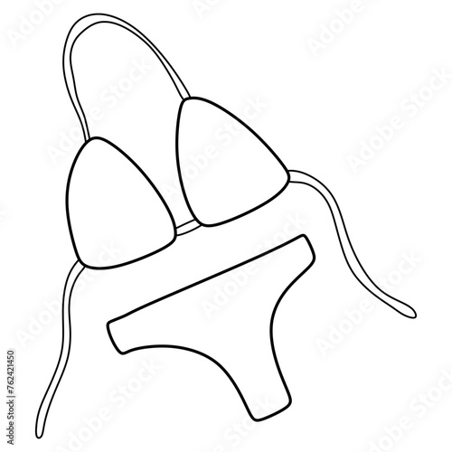Outline swimsuit. Doodle Bikini Vector Illustration Isolated on White. Line art Cloth for Swimming, Summer Vacation concept, Beach garment. Icon for Logo, Design, Print, Ads, Sticker. Graphic Object.