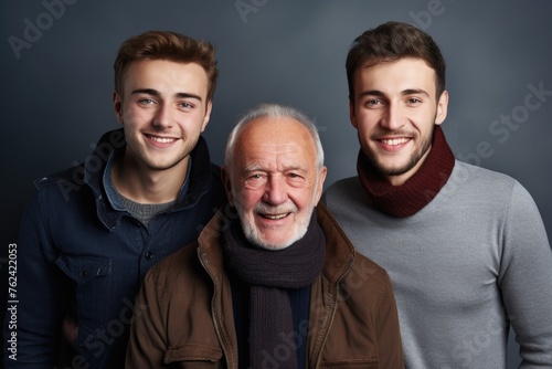 Three generations of men posing together with happy smiles on a dark background. Generations of Men Smiling Together