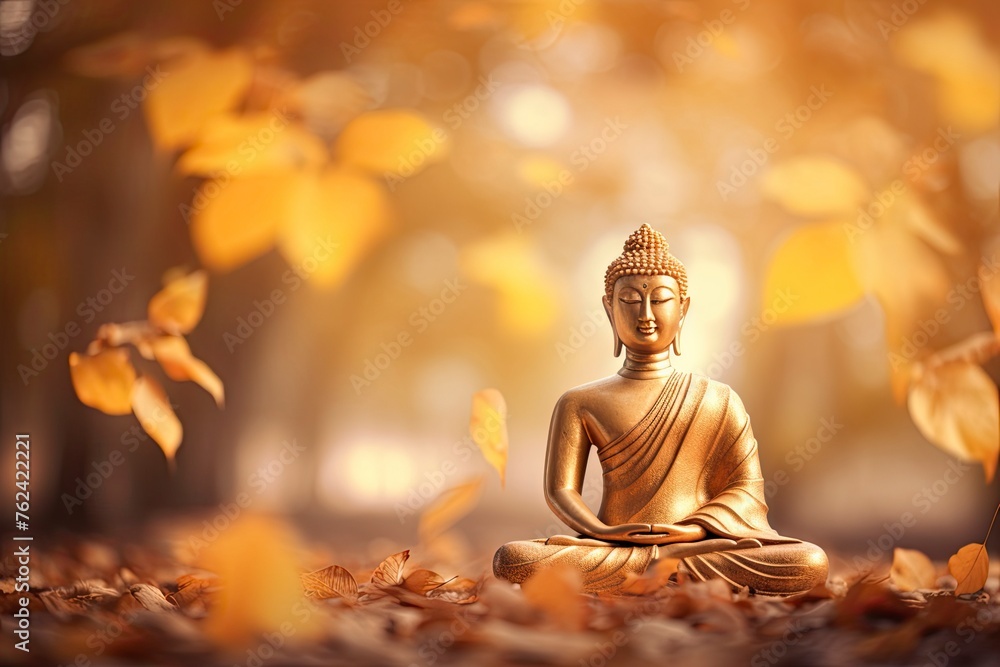 Makha Asanaha Visakha Bucha Day Golden Buddha image. Background of Bodhi leaves with shining light. Soft image and smooth focus style and copy space - generative ai