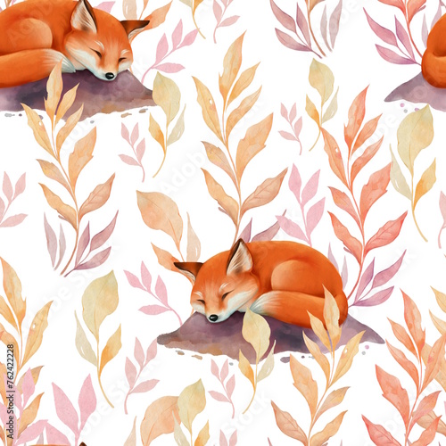 Seamless pattern with cute sleepy fox. Floral background.