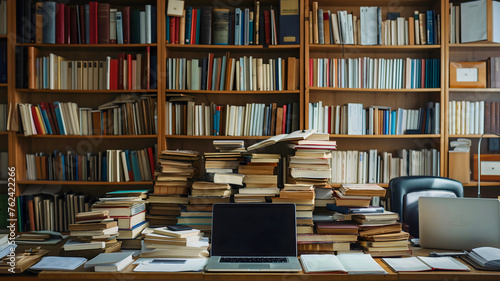Laptop placed on the wooden desk surrounded by a pile of many books on the table and shelves. Education, learning, reading and studying, informative wisdom and intelligence university literature photo