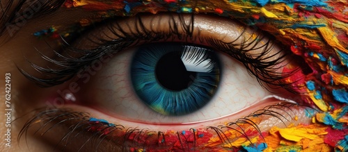 A detailed closeup of a womans brown eye with colorful paint on the iris, eyelash, and eyebrow. The makeup includes eye shadow and eyeliner, enhancing the nerve and beauty of the human body