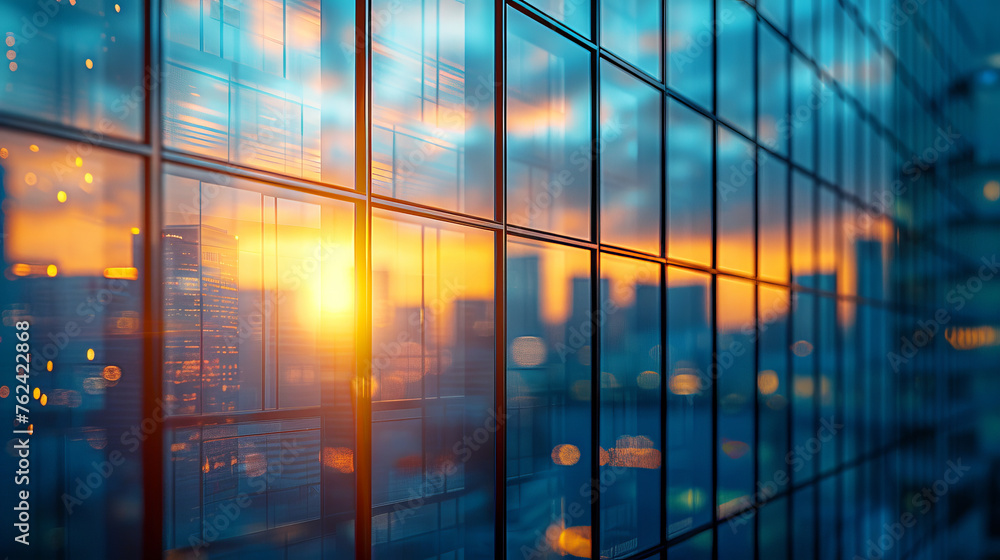 A beautiful modern spacious office hall with panoramic windows and a perspective in pleasant orange and blue tones A beautiful modern spacious office hall with panoramic windows and a perspective in pleasant orange and blue tones