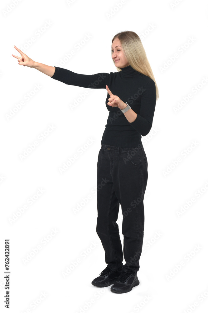 side view of a woman showing the horns sign with fingers on white background