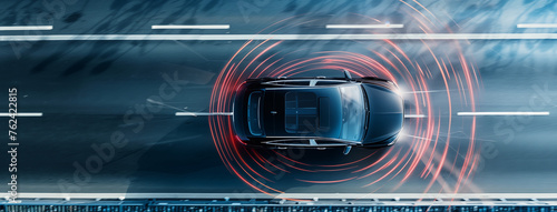 An EV or smart car glides through traffic, its sensors alert to road conditions, effortlessly avoiding obstacles—an epitome of smart, eco-friendly mobility