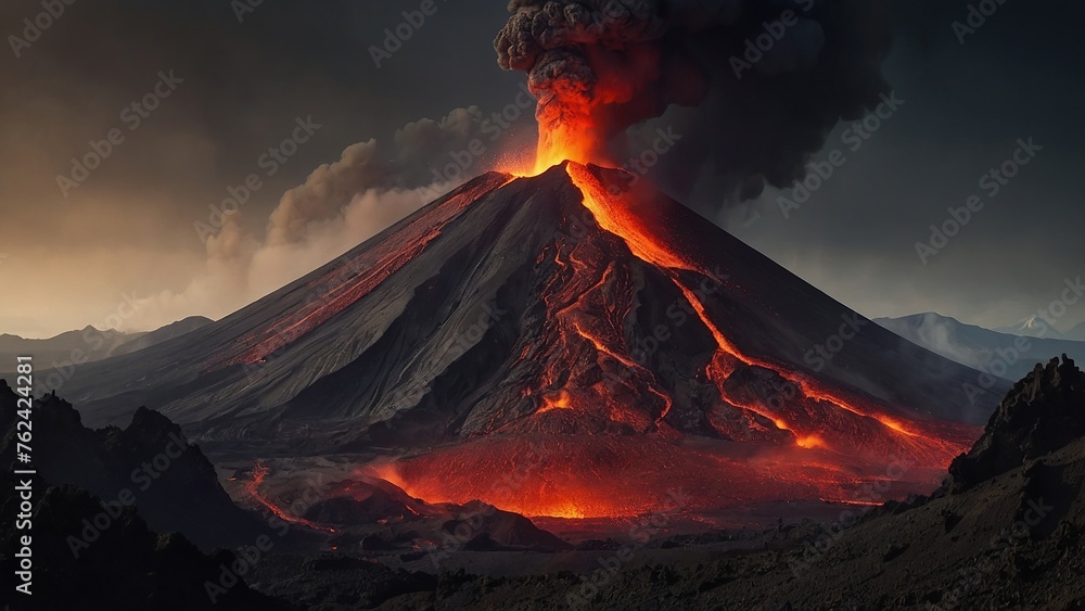 Volcano erupting with lava and ash