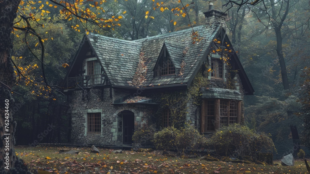 Abandoned cottage in the middle of nowhere in the woods. Generative AI