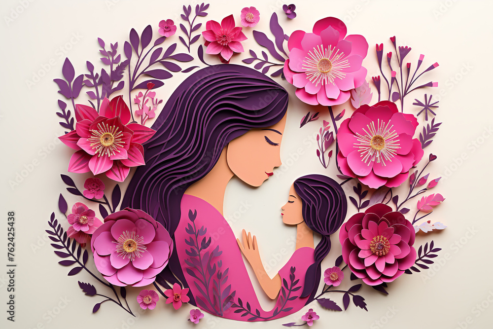 Happy Mothers day. Beautiful mother with child on background of blooming flowers,  paper cut out illustration. Modern colorful floral greeting card template. Happy Womens day. Generated ai