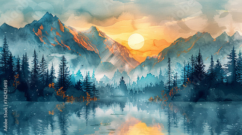 wallpaper, watercolor mountain landscape with river and trees, sunrise over the lake. Modern art, prints, wallpapers, posters and murals