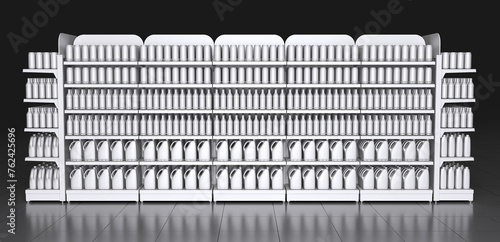 Store shelves with blank products, design template for mockup. 3d illustration on black background