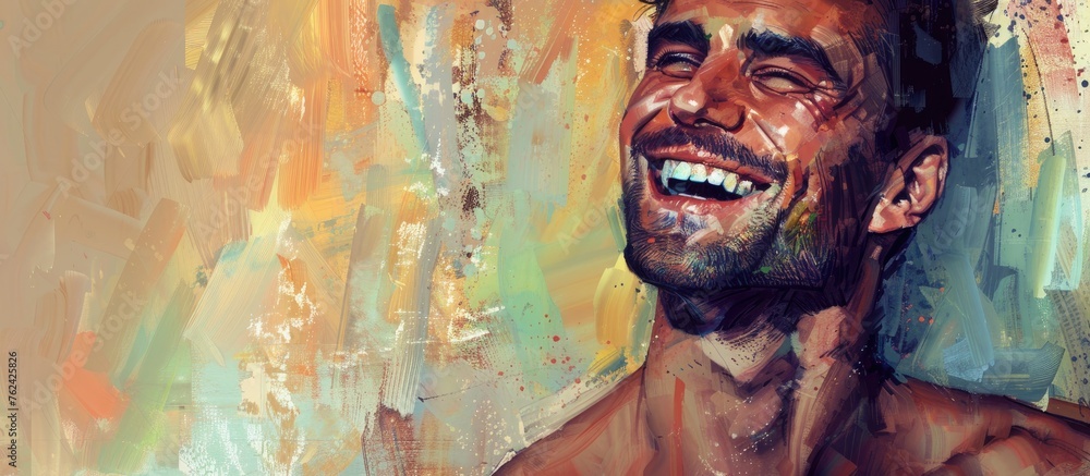 A joyful painting of a man with facial hair, smiling with his eyes closed. His jaw is prominent, and he appears happy and pleased in the artwork A joyful painting of a man with facial hair, smiling with his eyes closed. His jaw is prominent, and he appears happy and pleased in the artwork