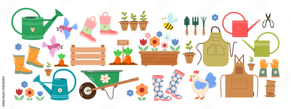 Set of stickers on garden theme: apron, watering can, seedlings, tools, beds with carrots, garden cart on wheels, birds, chicken, flower pots. Vector illustration of elements for country farm. Set of stickers on garden theme: apron, watering can, seedlings, tools, beds with carrots, garden cart on wheels, birds, chicken, flower pots. Vector illustration of elements for country farm.