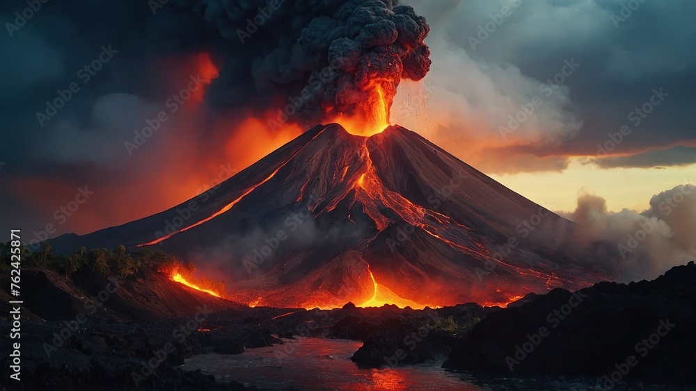 Volcano erupting with lava and ash