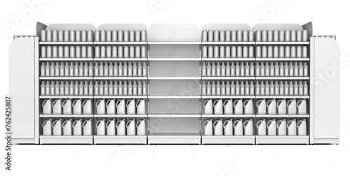 Retail shelf racks with blank products  design template for mockup. 3d illustration