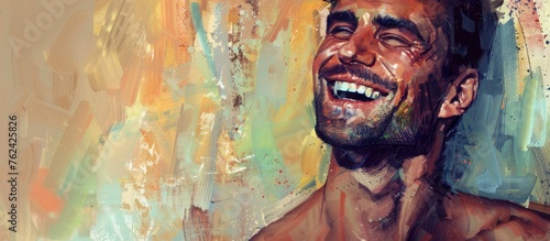 A joyful painting of a man with facial hair  smiling with his eyes closed. His jaw is prominent  and he appears happy and pleased in the artwork