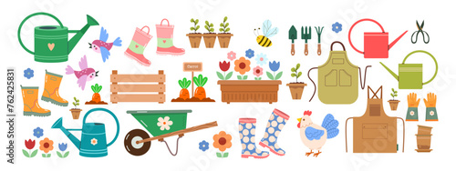 Set of stickers on garden theme  apron  watering can  seedlings  tools  beds with carrots  garden cart on wheels  birds  chicken  flower pots. Vector illustration of elements for country farm.