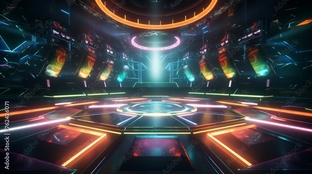 Futuristic concert stage with dynamic neon rainbow illumination. Modern Night Club. Concept of virtual reality events, futuristic concerts, and high tech stage design. - obrazy, fototapety, plakaty 