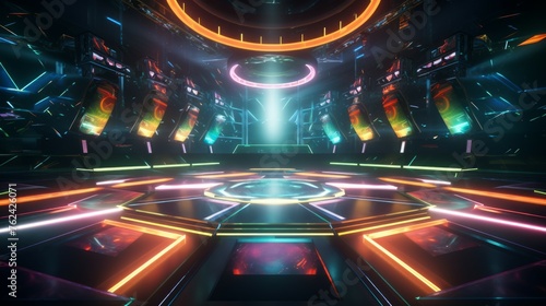 Futuristic concert stage with dynamic neon rainbow illumination. Modern Night Club. Concept of virtual reality events, futuristic concerts, and high tech stage design.