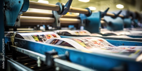 Side view of newspapers on a printing conveyor , concept of Mass production photo